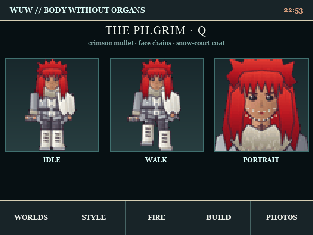 Q, the BWO pilgrim: a crimson-haired figure with face chains in a pale fur-collared coat, a knight's cloak, strapped black trousers and white lace-up boots, holding a pink WUW CAM. Idle, walking and portrait sprites.